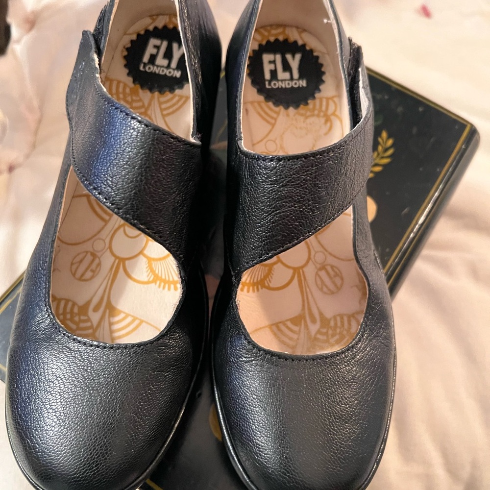 Fly London Black Leather Mary Jane Mules